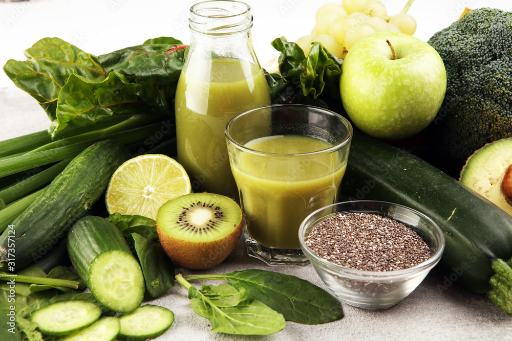 Healthy green smoothie and ingredients - detox and diet for health