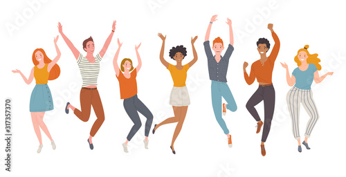 Hello holidays! Vector illustration of a group young and happy people in casual summer outfits. Isolated on white