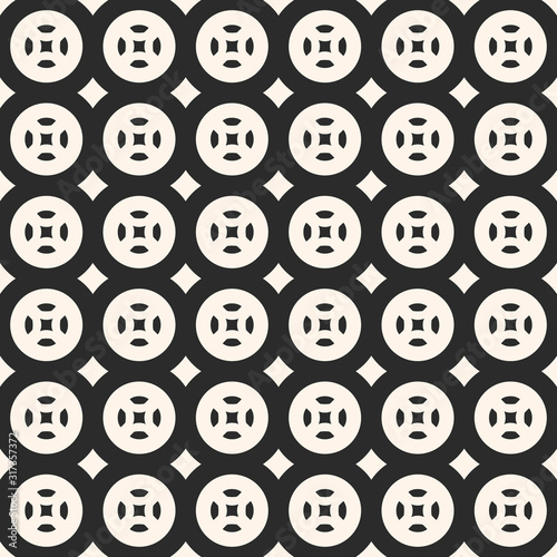 Monochrome geometric seamless texture with circles  squares  rhombuses