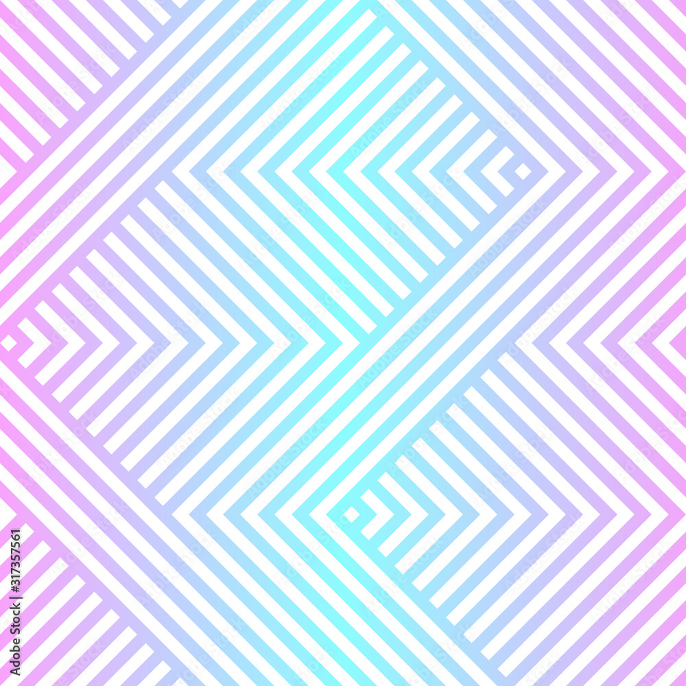 Vector geometric seamless pattern with chevron, zigzag lines, stripes. Neon holographic gradient, blue and pink tones. Abstract sport style graphic texture. Trendy background in 80s - 90s style
