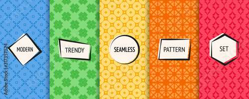 Vector geometric seamless patterns collection. Set of bright colorful background swatches with modern minimal labels. Cute abstract ornamental textures. Bright blue, green, yellow, orange, red color