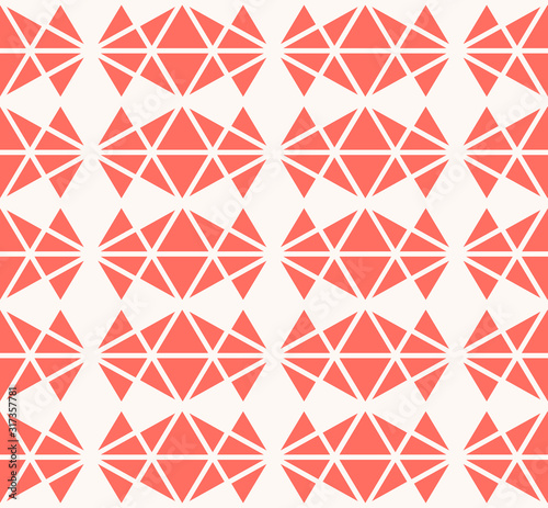 Vector geometric seamless pattern with triangles, diamonds. Coral and white