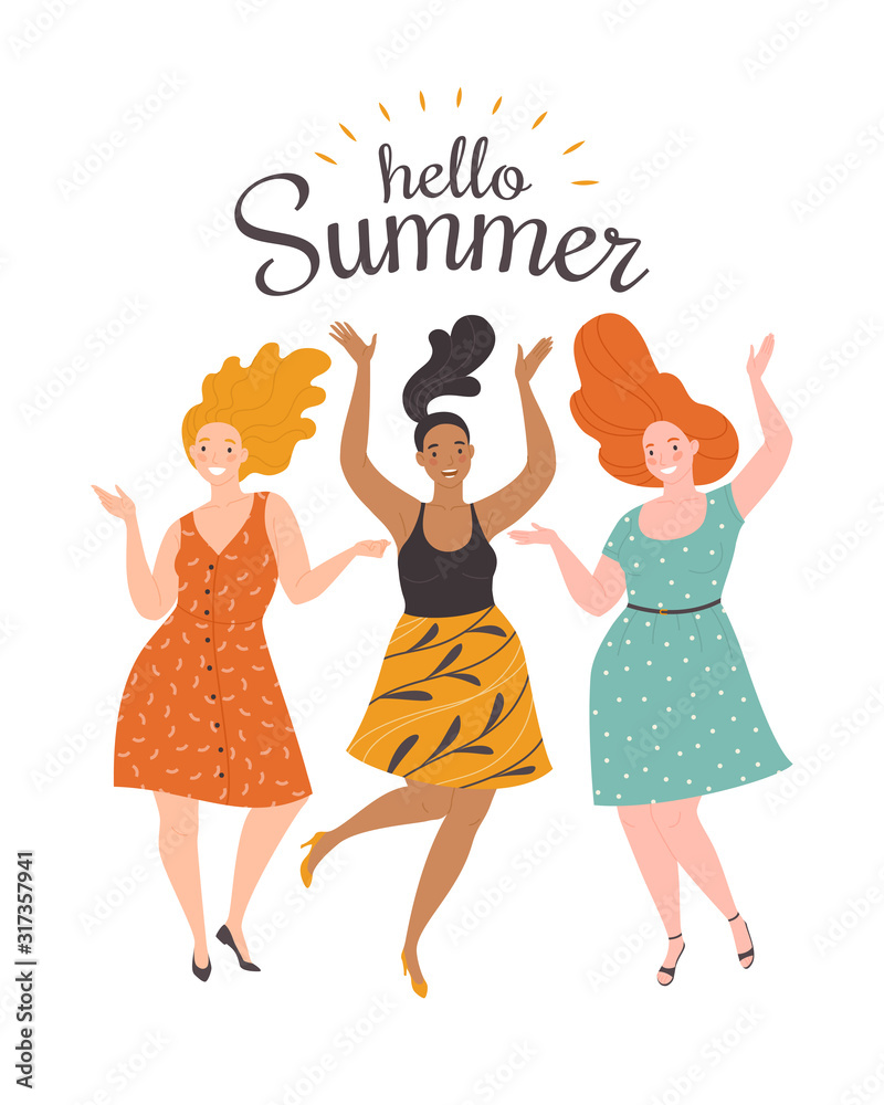 Hello Summer. Vector illustration of three diverse dancing happy cartoon women in dresses. Isolated on white Hello Summer. Vector illustration of three diverse dancing happy cartoon women in dresses. Isolated on white