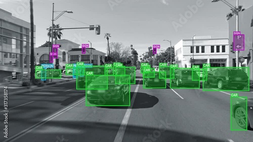 Autonomous or driverless car computer vision. Object detection system creates boxes to recognize objects in the streets. Artificial intelligence technology. Futuristic. More options in my portfolio.