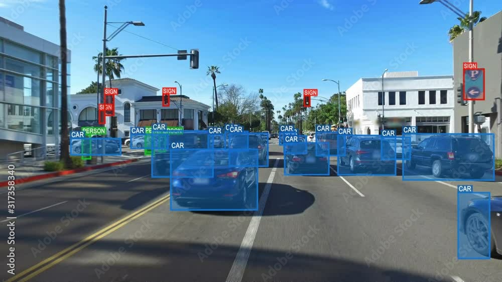 Autonomous or driverless car computer vision. Object detection system creates boxes to recognize objects in the streets. Artificial intelligence technology. Futuristic. More options in my portfolio.