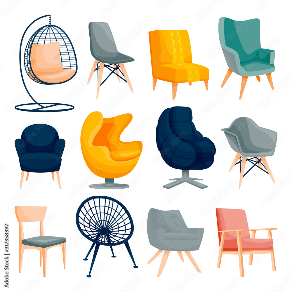 Modern armchair set. Interior furniture design elements. Home and