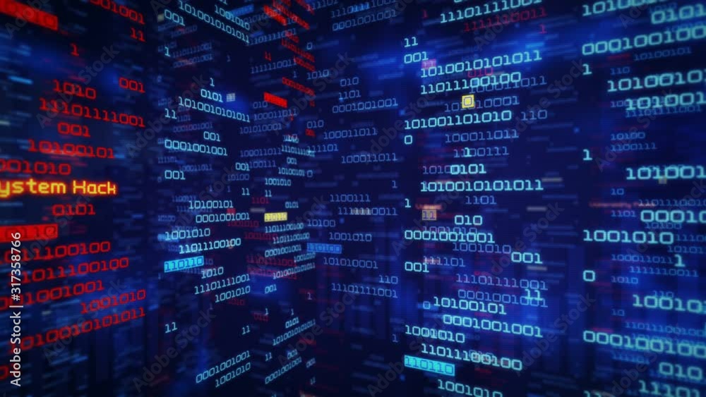 Binary data code animation showing warning messages in a virtual environment. Security breach concept, warning texts in a virtual environment. Cyber Attack. Worm detected.