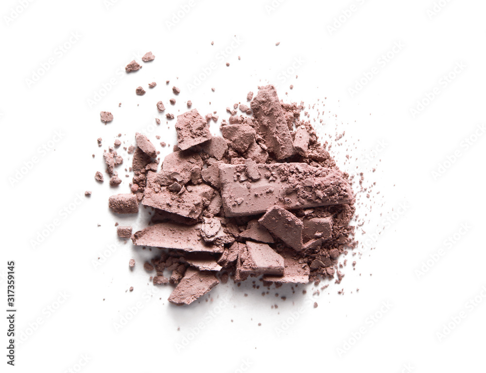 Fototapeta premium Broken eye shadow blush bronzer isolated on white background. Pink crushed makeup powder texture. Nude color cosmetic product swatch