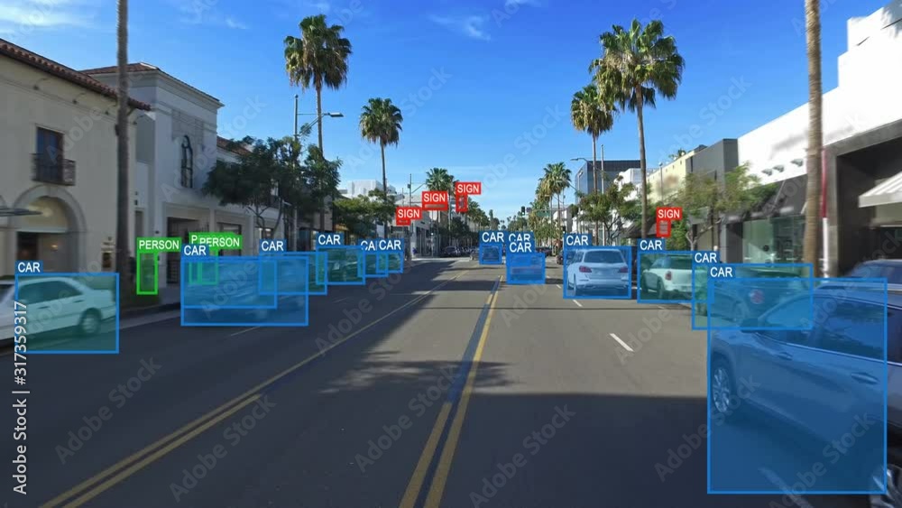 Autonomous or driverless car computer vision. Object detection system ...