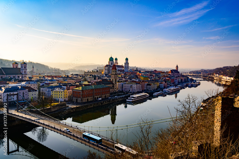 Passau skyline during twilight blue hour, Bavaria, Germany. Passau skyline during twilight blue hour, Bavaria, Germany.