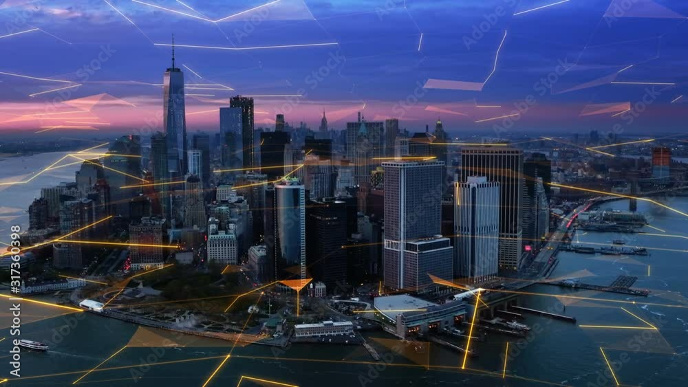 Aerial view of New York with big data network  Technology. Futuristic. Perfect to illustrate: internet of things, Smart cities, big data, augmented reality.  Shot from helicopter.