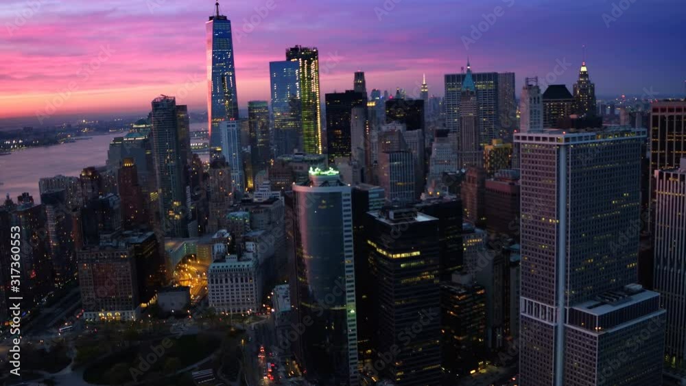 Aerial view of New York. Colorful Sunset in Lower Manhattan. Famous ...