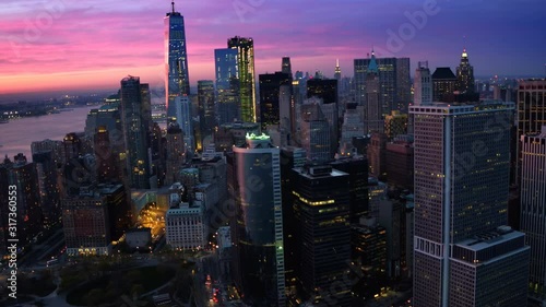Aerial view of New York. Colorful Sunset in Lower Manhattan. Famous buildings. New York City. United States. photo