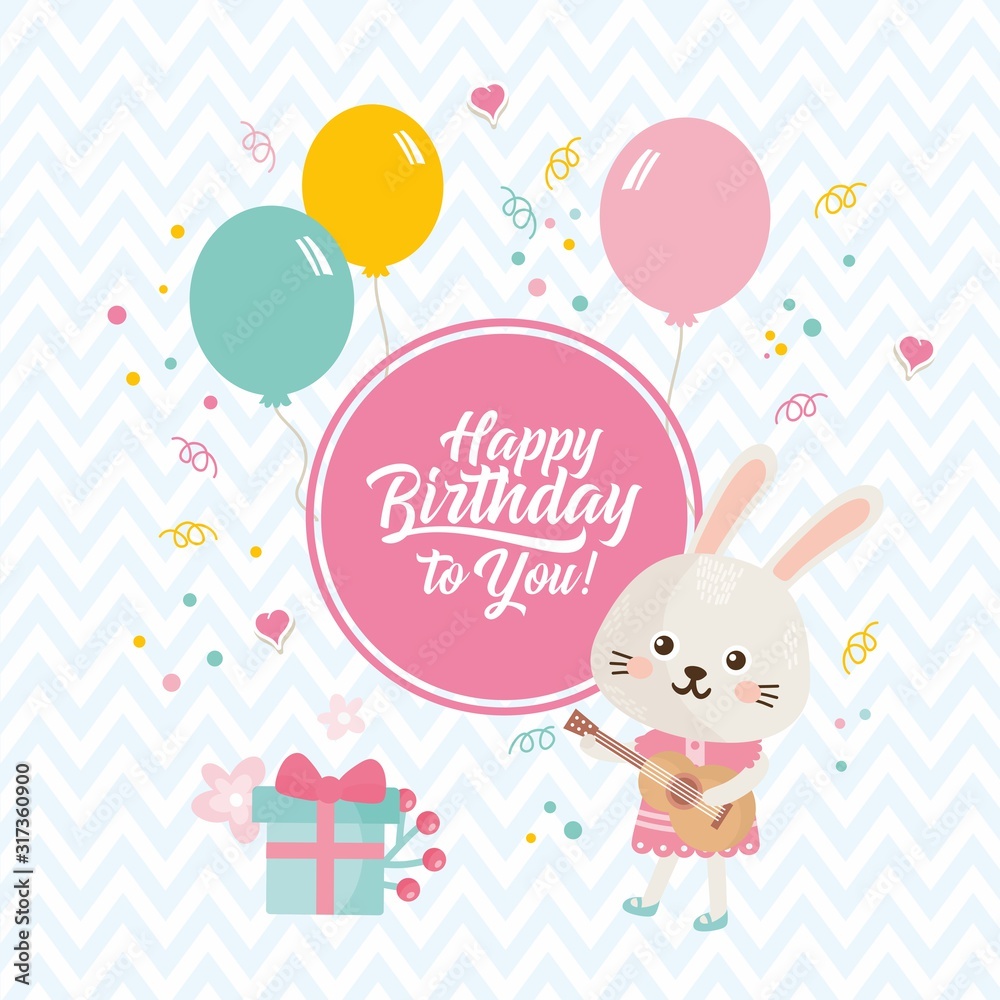 Happy Birthday card with balloons, cute bunny, gift and confetti. Great design for baby holiday, invitation and banner.