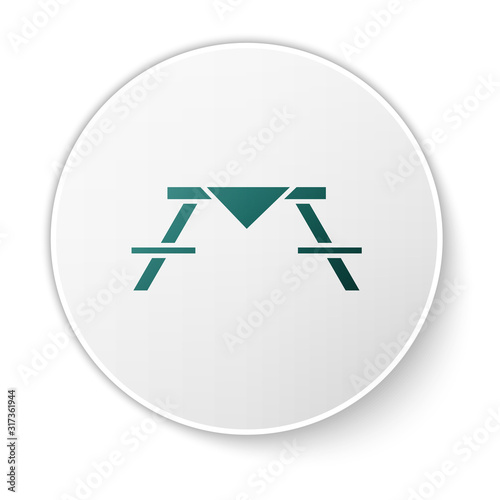 Green Picnic table with benches on either side of the table icon isolated on white background. White circle button. Vector Illustration
