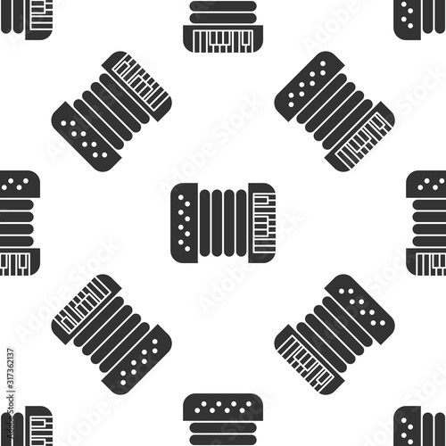 Grey Musical instrument accordion icon isolated seamless pattern on white background. Classical bayan, harmonic. Vector Illustration