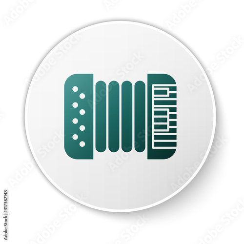 Green Musical instrument accordion icon isolated on white background. Classical bayan, harmonic. White circle button. Vector Illustration