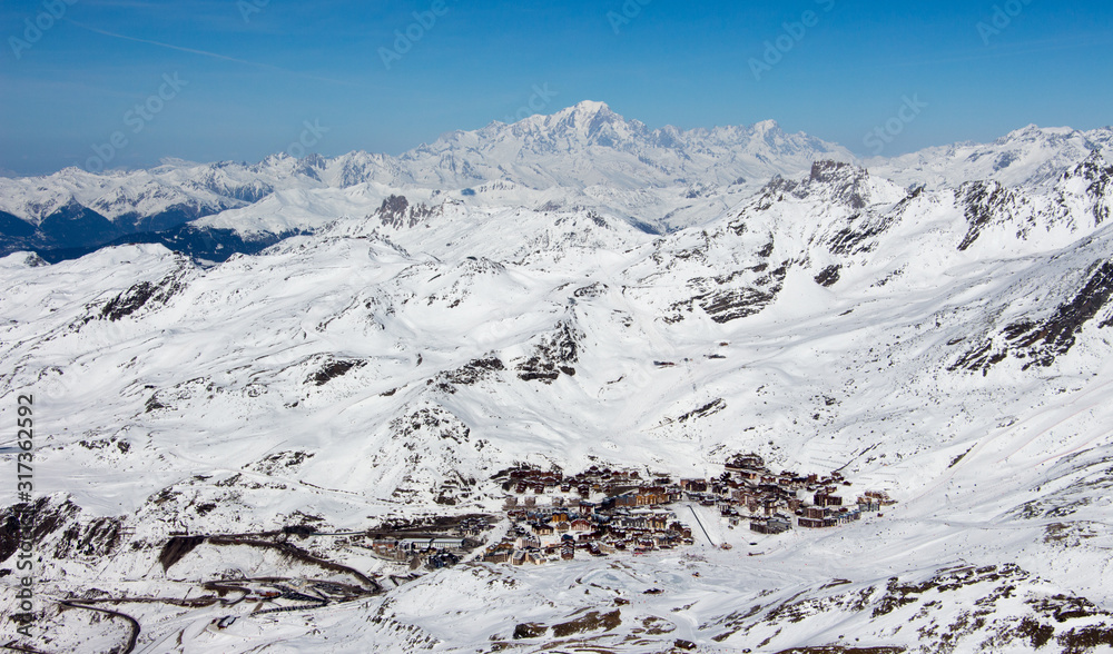 Val thorens with Mont Blanc view snowy mountain landscape France alpes 