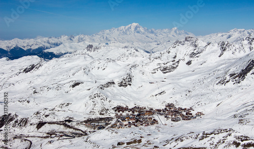 Val thorens with Mont Blanc view snowy mountain landscape France alpes 