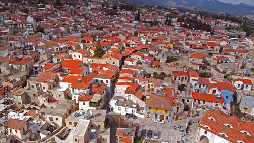aerial view from a drone from a height view of the village of Lefkara with red roofs of a house in Cyprus Ayia Napa