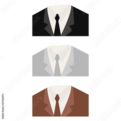 Fashionable suits. Official suits. Black, brown and gray color suit. Icon suits. White background. Vector illustration. EPS 10.