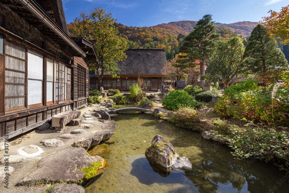 Historic Village of Ogimachi in Shirakawa-gō, UNESCO World Heritage Site, a small, traditional village showcasing a building style known as gasshō-zukuri. Japan.