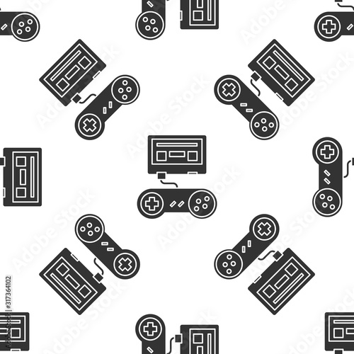 Grey Video game console with joystick icon isolated seamless pattern on white background. Vector Illustration
