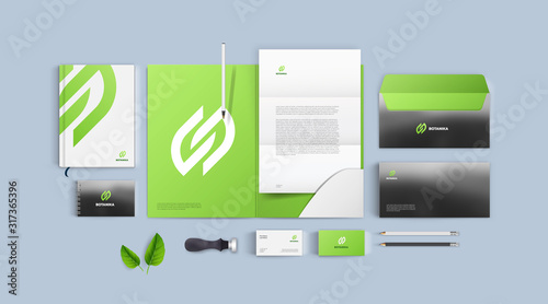 Realistic corporate identity mockup set. Brand style with eco logo for vegan restaurant and natural food shop. Green, white and black color background stationery. Premium minimal vector design.