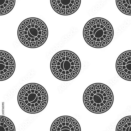 Grey Astrology horoscope circle with zodiac icon isolated seamless pattern on white background. Vector Illustration