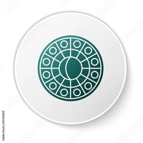Green Astrology horoscope circle with zodiac icon isolated on white background. White circle button. Vector Illustration