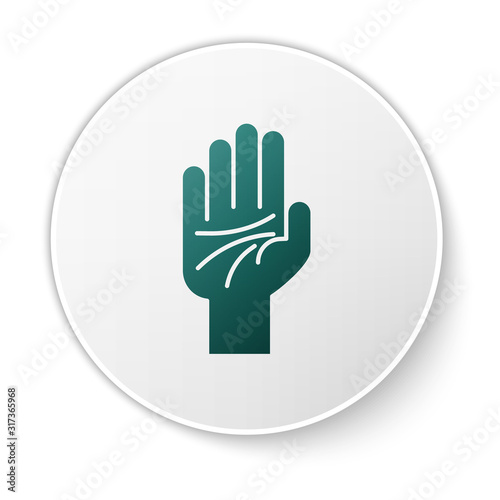 Green Palmistry of the hand icon isolated on white background. White circle button. Vector Illustration
