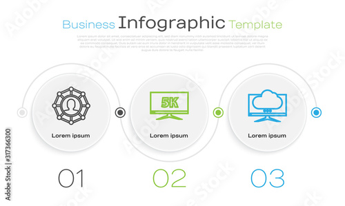 Set line Project team base, Monitor display with 5k video and Computer monitor screen. Business infographic template. Vector