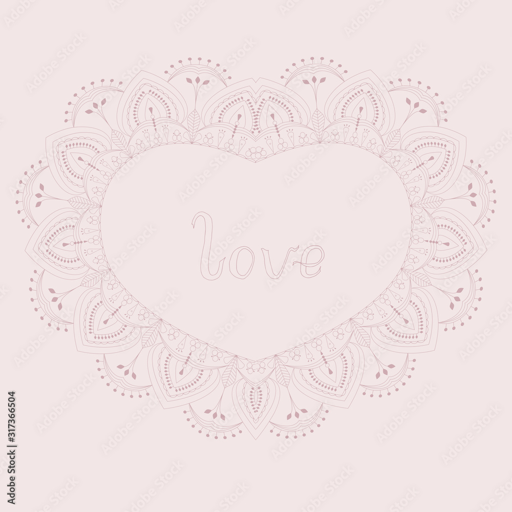 Pink lace heart with floral motif and hand written lettering word love greeting valentine card vector illustration