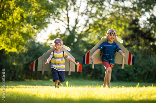 Little boys in costume playing on meadow photo