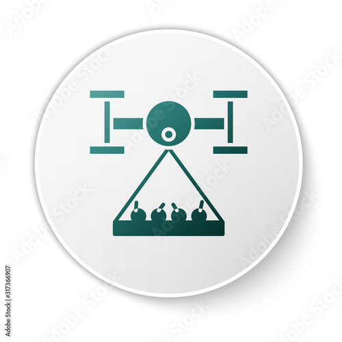 Green Smart farm with drone control collects harvest icon isolated on white background. Innovation technology for agricultural company. White circle button. Vector Illustration