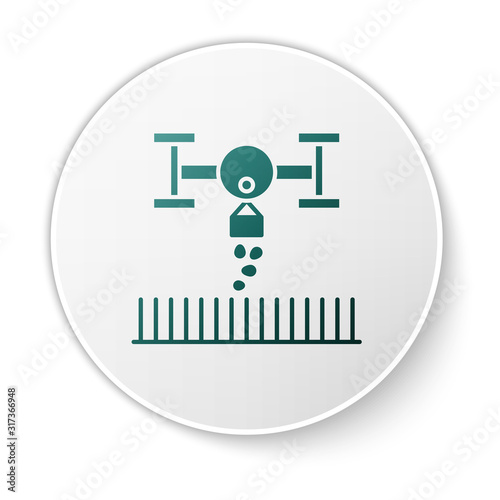 Green Smart farm with drone control for seed planting icon isolated on white background. Innovation technology for agricultural company. White circle button. Vector Illustration
