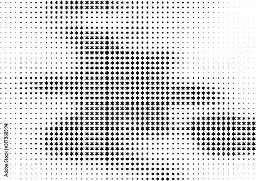 Abstract halftone dotted background. Monochrome futuristic grunge pattern, stars. Vector modern optical pop art texture for posters, site, postcard, cover, labels, vintage sticker, mock-up layout.