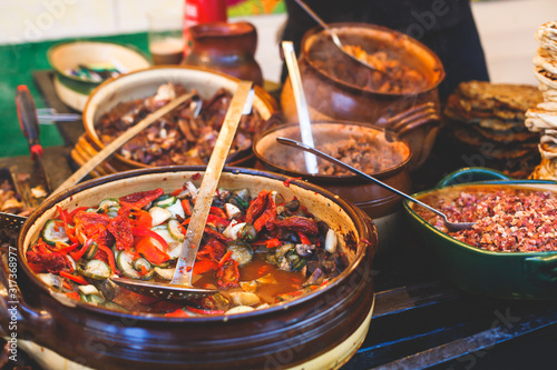 Variety assortment of different traditional Hungarian street food at one of the stalls in the streets of Budapest, Hungary , spring and Easter Market