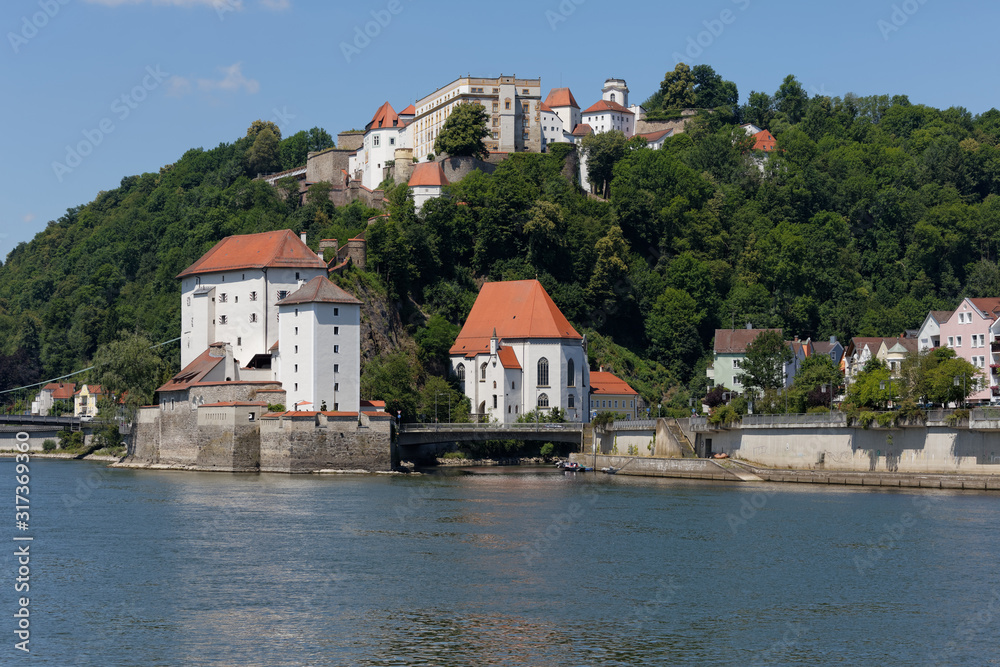 Panoramic view of Passau's old town, Passau Germany..City of Three Rivers.