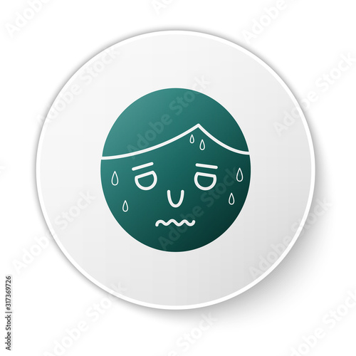 Green Man with excessive sweating icon isolated on white background. White circle button. Vector Illustration