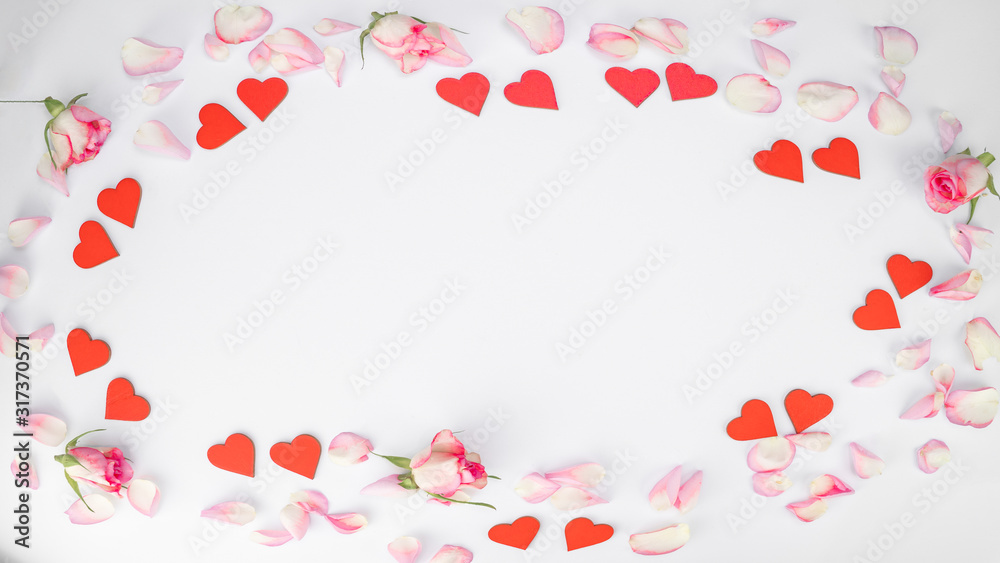 Valentine's day, Mother's day , love background - Frame made of pink roses, petals, leaves and red wooden hearts isolated on white texture
