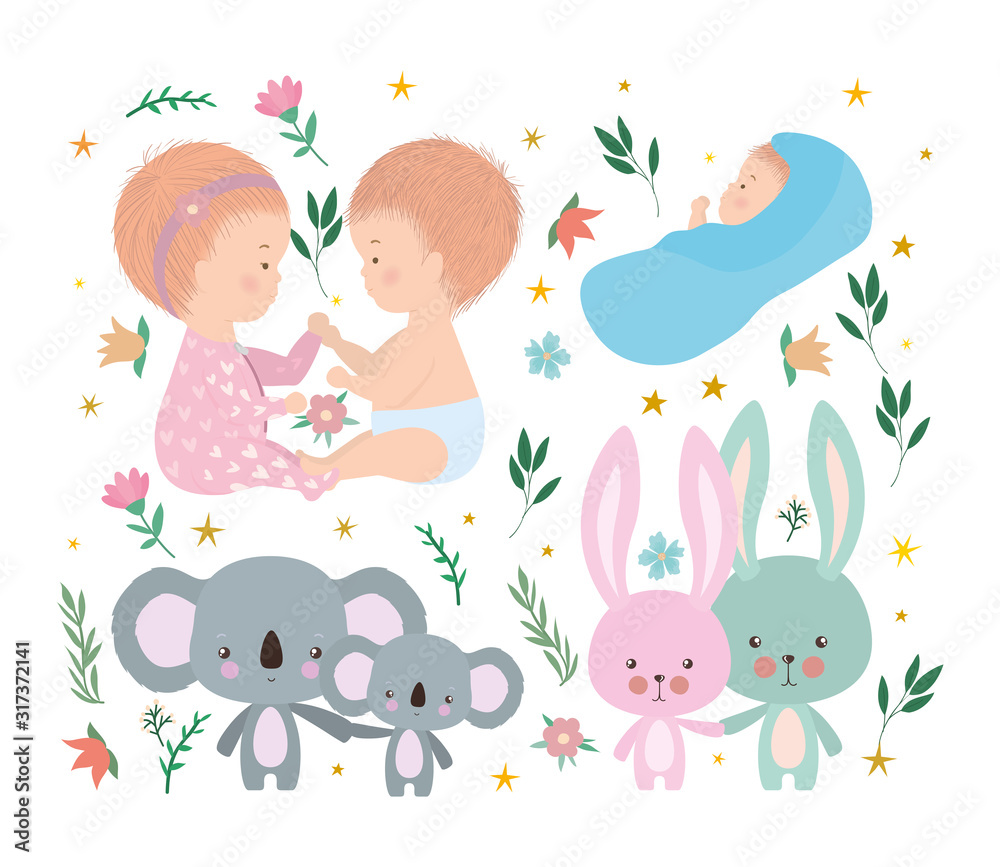 Set of cute babies koalas and rabbits vector design Set of cute babies koalas and rabbits vector design