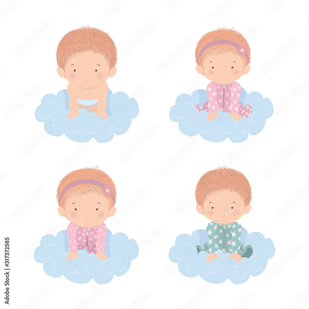 Set of cute babies over clouds vector design Set of cute babies over clouds vector design
