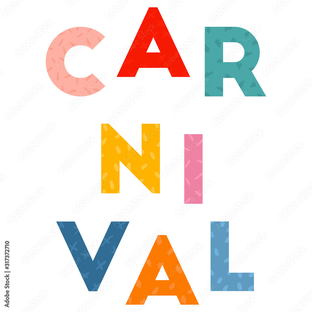 Postcard with lettering saying Carnival. Card for carnival in Brazil. Abstract memphis background. Concept of festival, party, fun.Design element for banner, poster, card. Flat vector illustration