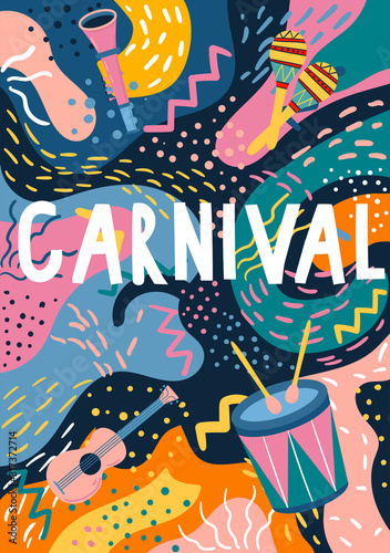 Postcard with lettering saying Carnival. Card for carnival in Brazil. Abstract memphis background with drum, trumpet, maracas, guitar. Design element for banner, poster, card. Flat vector illustration