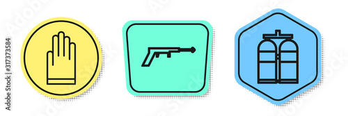 Set line Gloves, Fishing harpoon and Aqualung. Colored shapes. Vector