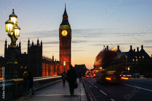 Big Ben at dusk seen from Westminster bridge, London England United Kingdom UK