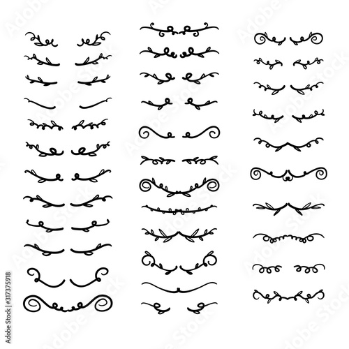 set of Flower ornament dividers. Hand drawn vines decoration, floral ornamental divider and sketch leaves ornaments. Ink flourish and arrow decorations dividers victorian doodles isolated background