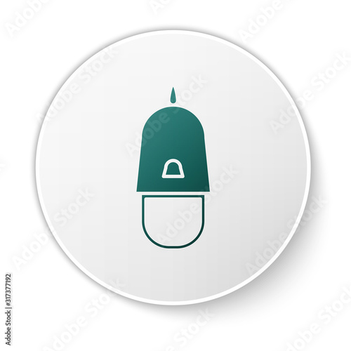Green Police cap with cockade icon isolated on white background. Police hat sign. White circle button. Vector Illustration