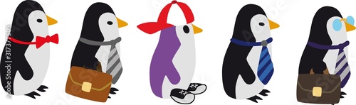 group of penguin employees with one runaway